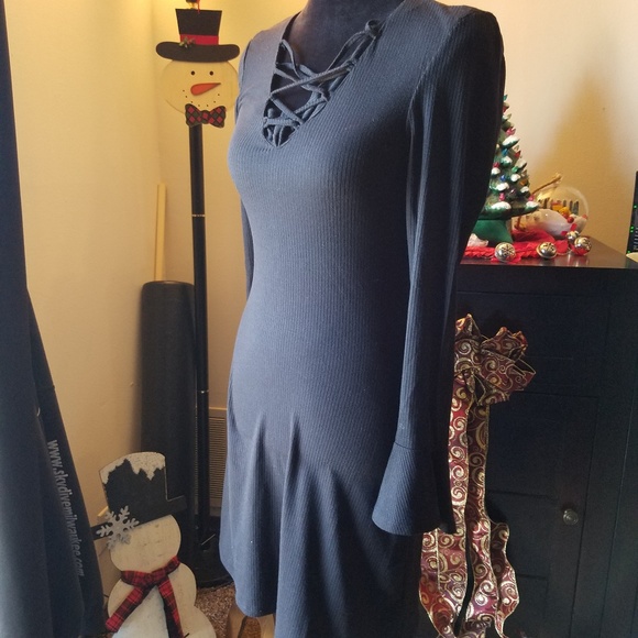 Hype Dresses & Skirts - Hype ribbed cross v neck bell sleeve sweater dress